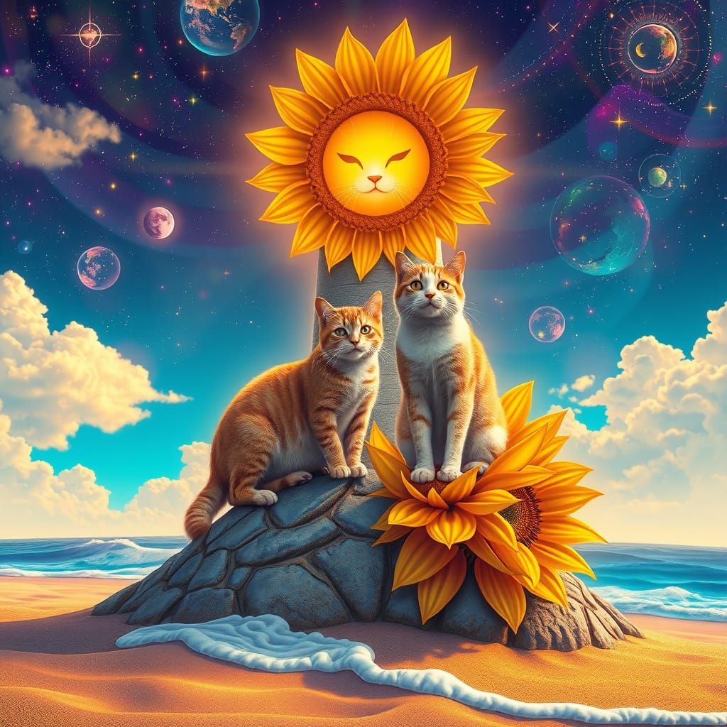 Cats on a Sunflower Lighthouse in Astral Style