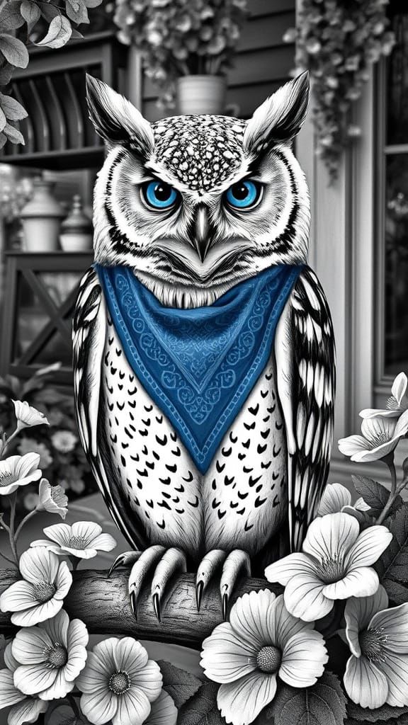 Owl with Blue Bandana, Black and White Art