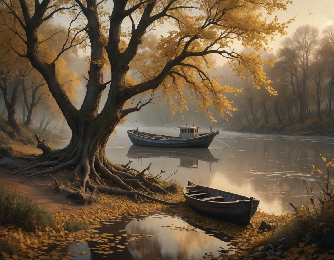 Abandoned Boat Under Tree at Sunset, Fantasy Art