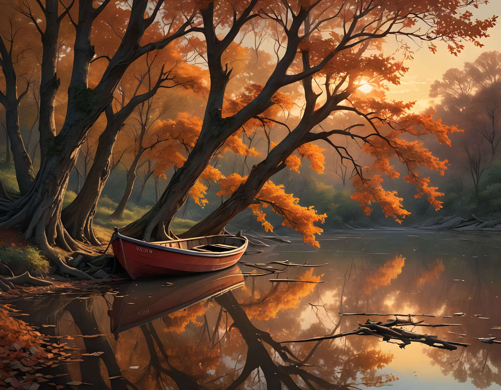 Hyperrealistic Sunset Landscape with Abandoned Boat