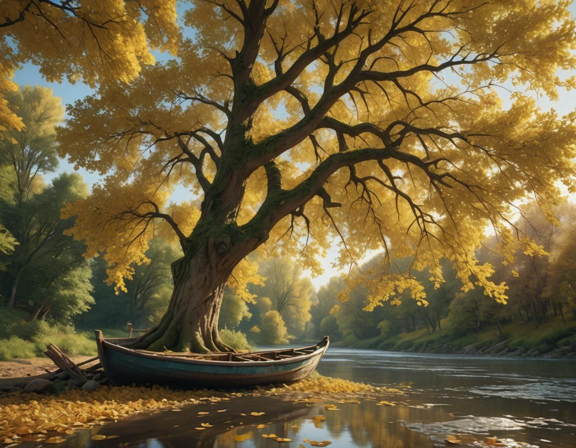 Picturesque River Scene with Boat in Kinkade Style