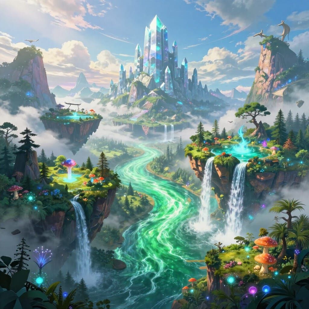 Fantasy Landscape with Floating Islands and Crystal Mountain...