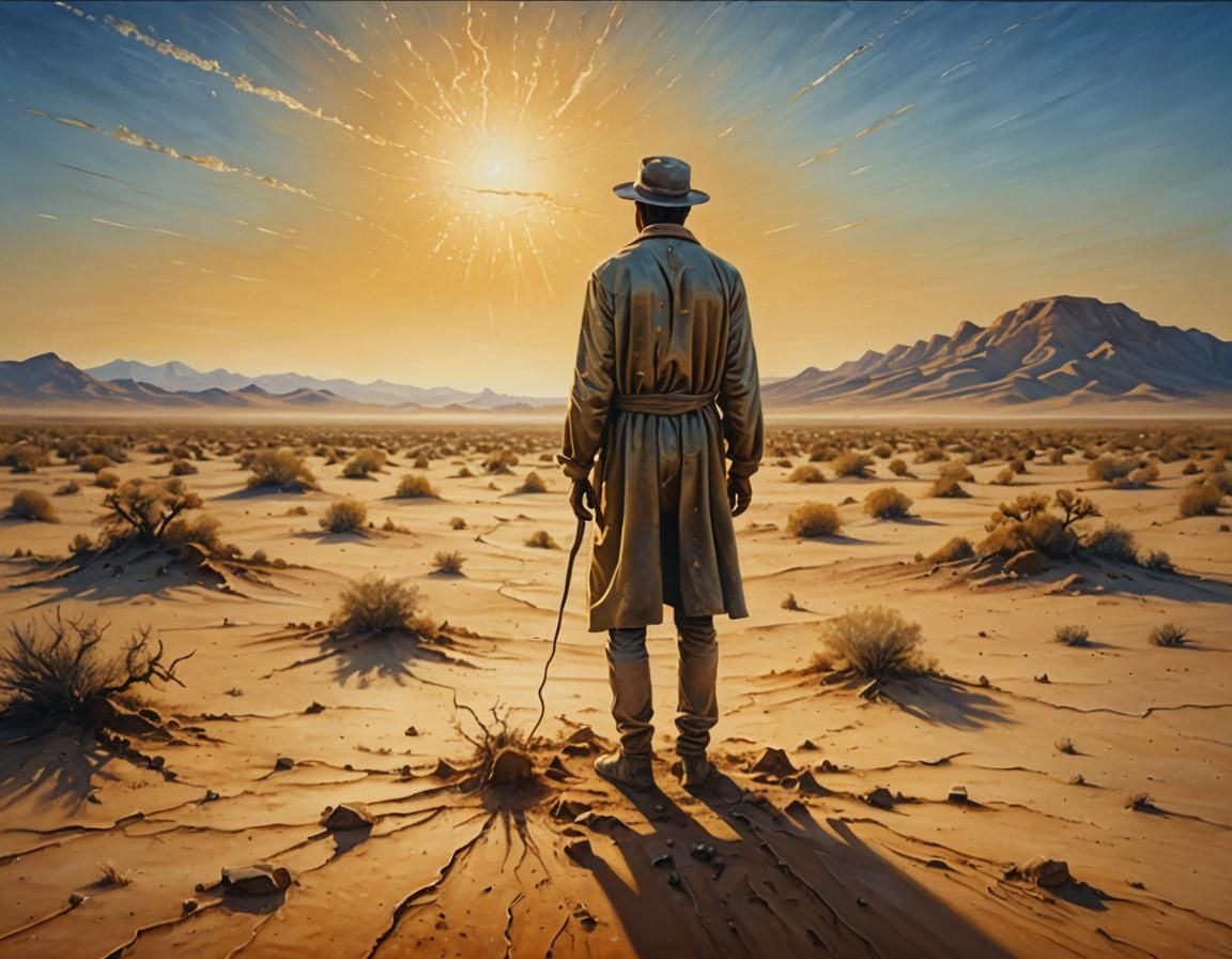 Dust Man in Desert: Surreal Oil Painting