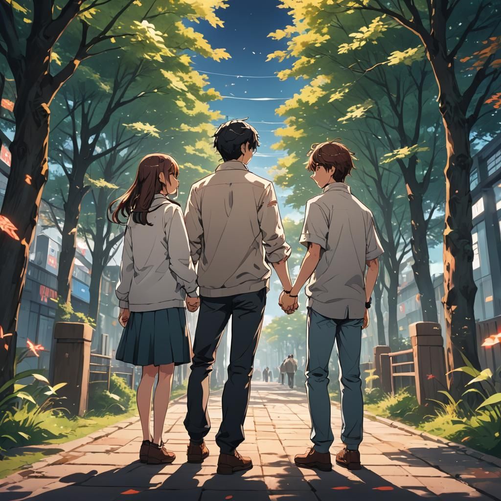Romantic Couple Holding Hands in Anime Style