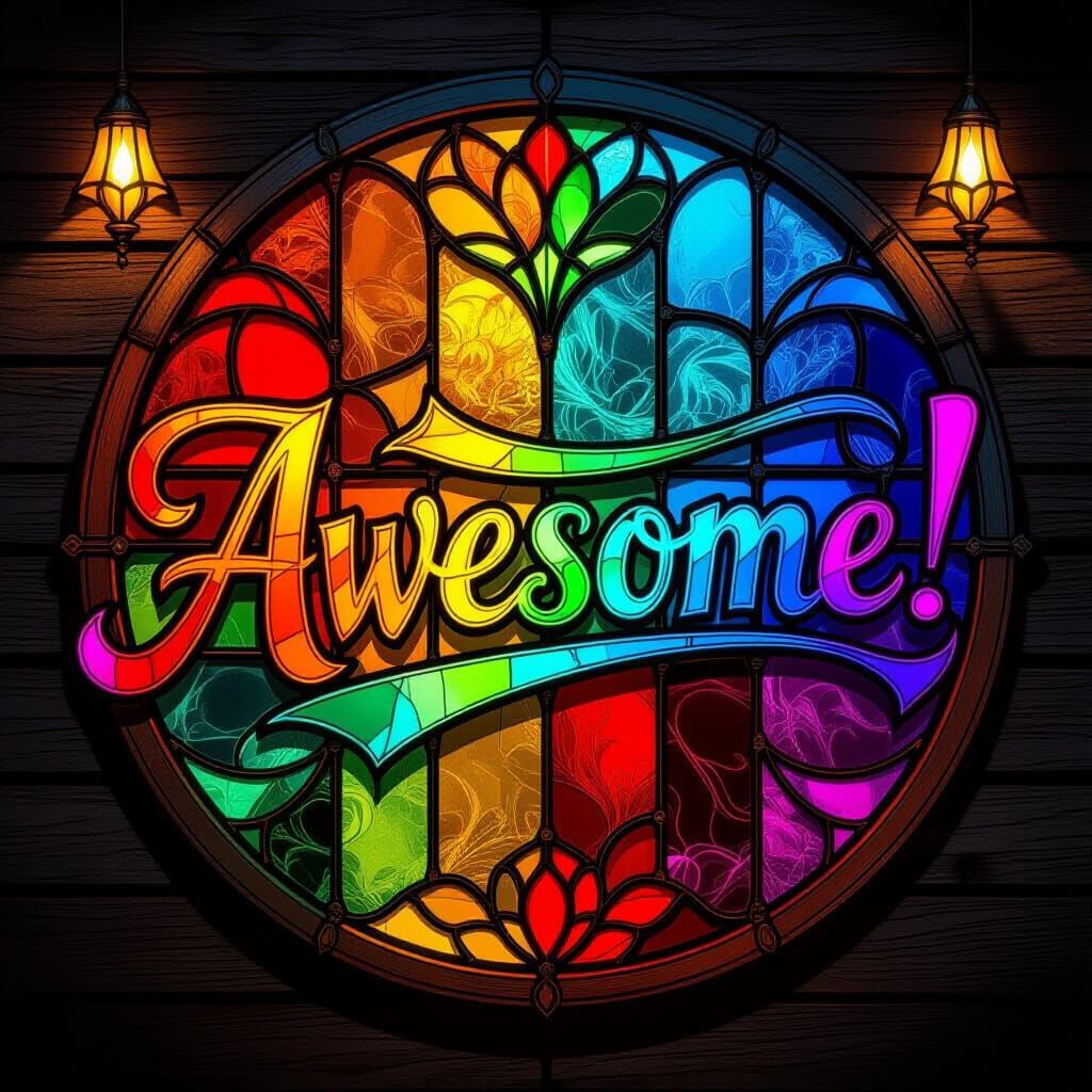 Stained Glass "Awesome!" in Art Nouveau Style