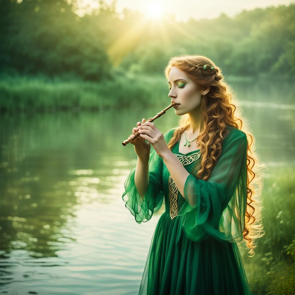 Celtic Woman Playing Tin Whistle in Dreamlike Portrait