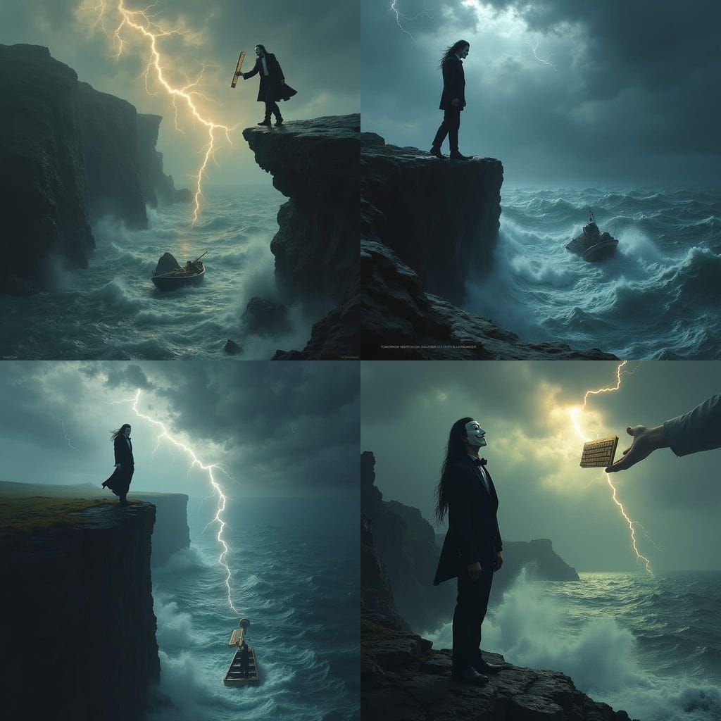 Man in Tuxedo and Guy Fawkes Mask Throws Keyboard Into Sea