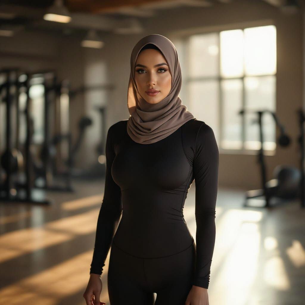 Curvy Woman in Hijab Gym Leotard in Sunlit Gymnasium