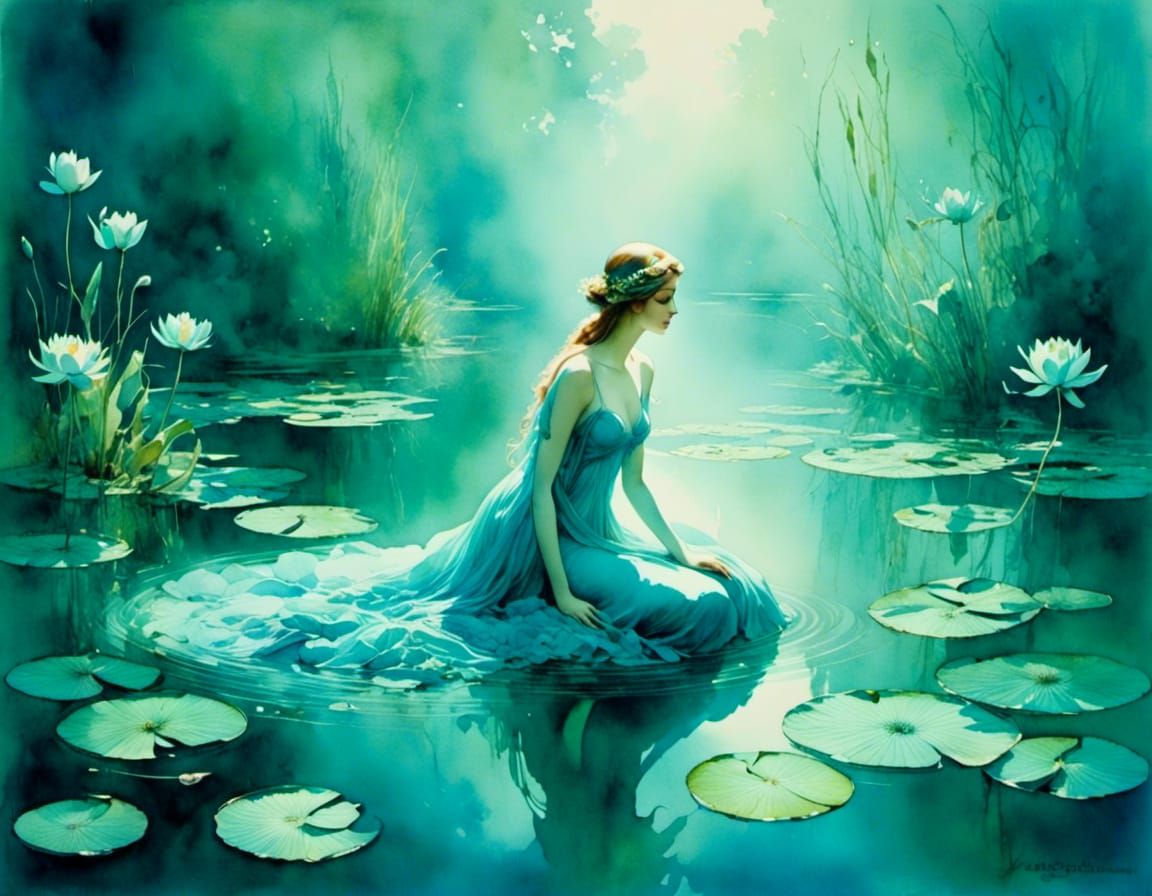 Bioluminescent Nymph Rising in a Misty Pond Watercolor