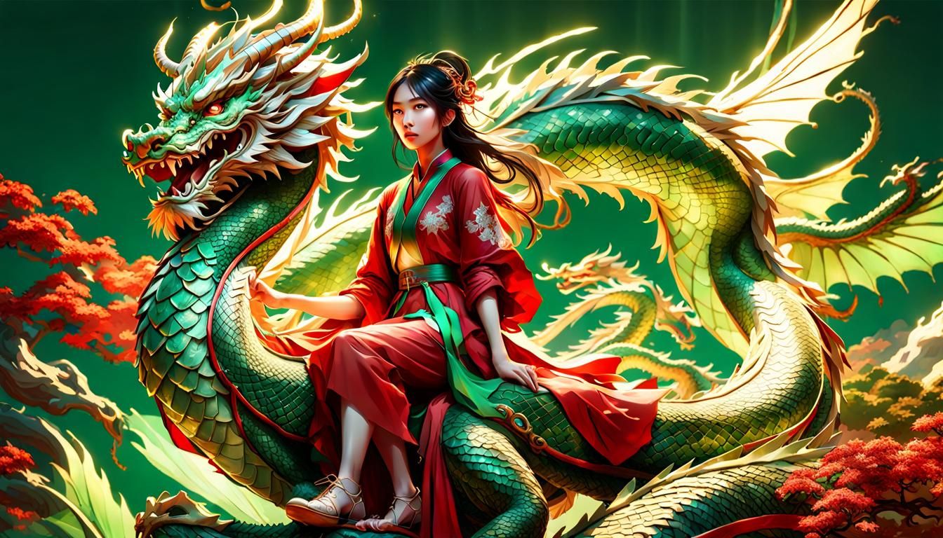 Girl Rides Wingless Dragon in Art Nouveau Style