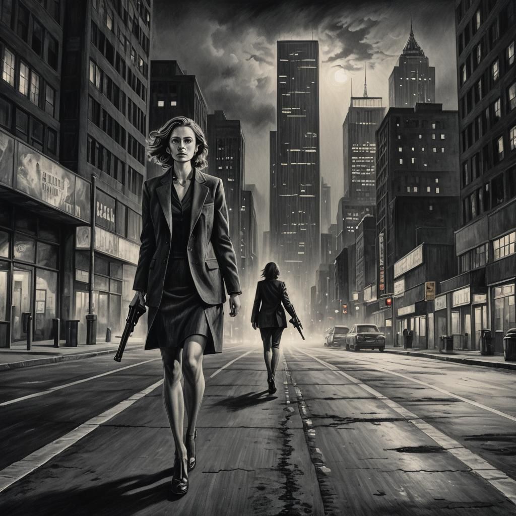 Hyper-Realistic Charcoal Drawing: Businesswoman with Shotgun