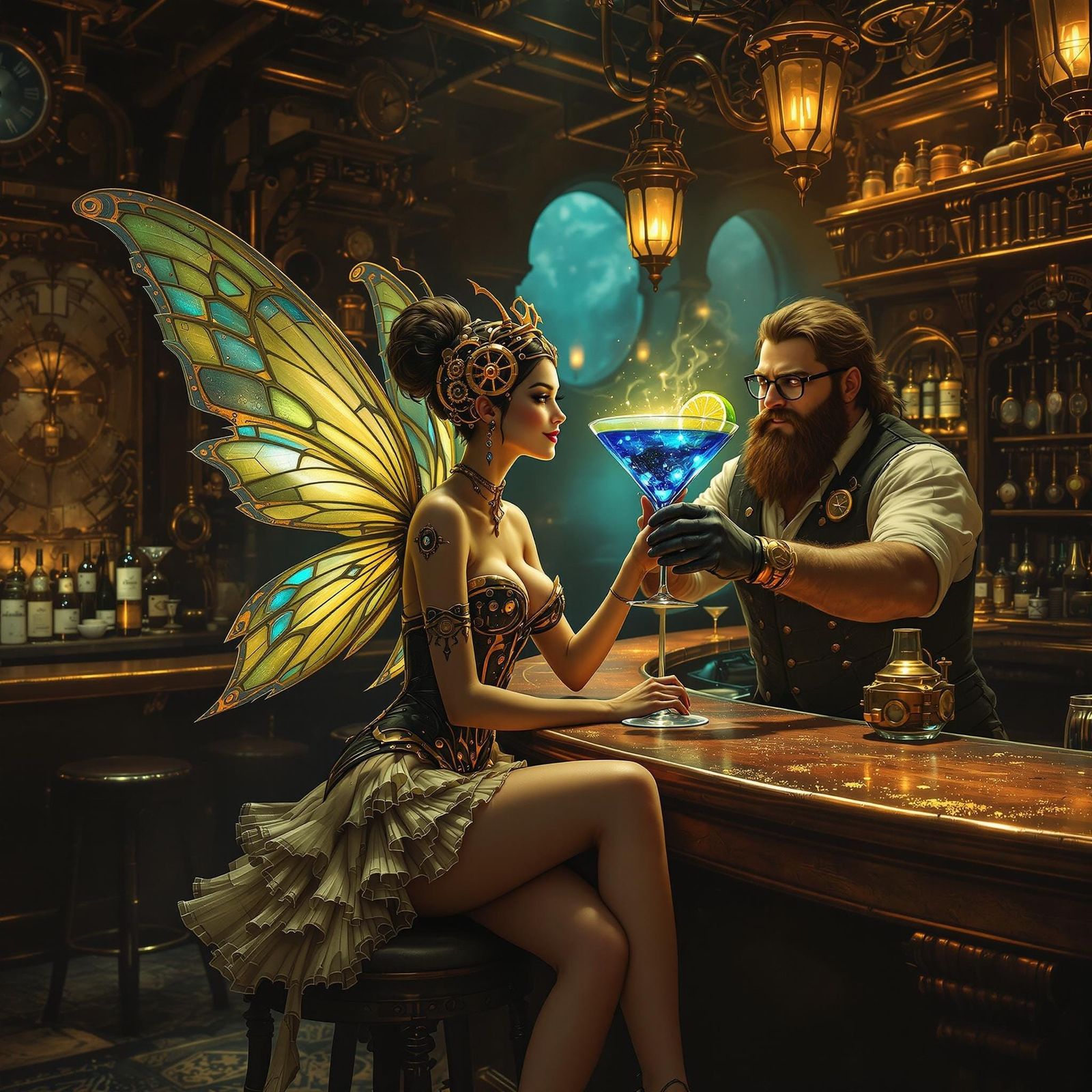 Whimsical Fairy Sips Steampunk Cocktail in Dimly Lit Bar