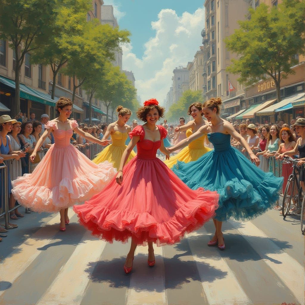 Men in Colorful Dresses Playfully Chase Each Other in a Bust...