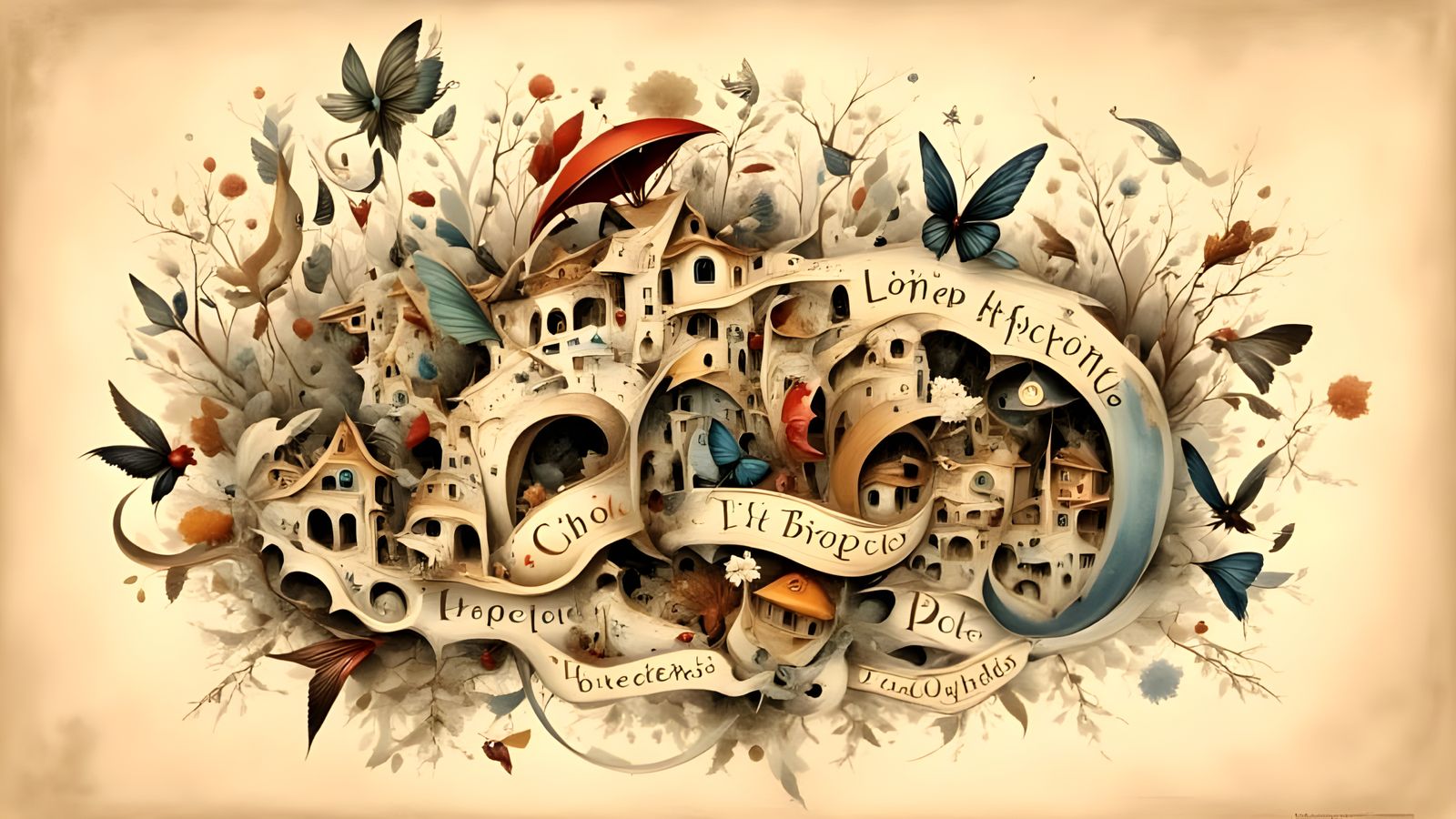 Ethereal Watercolor Calligraphy in a Deserted Village