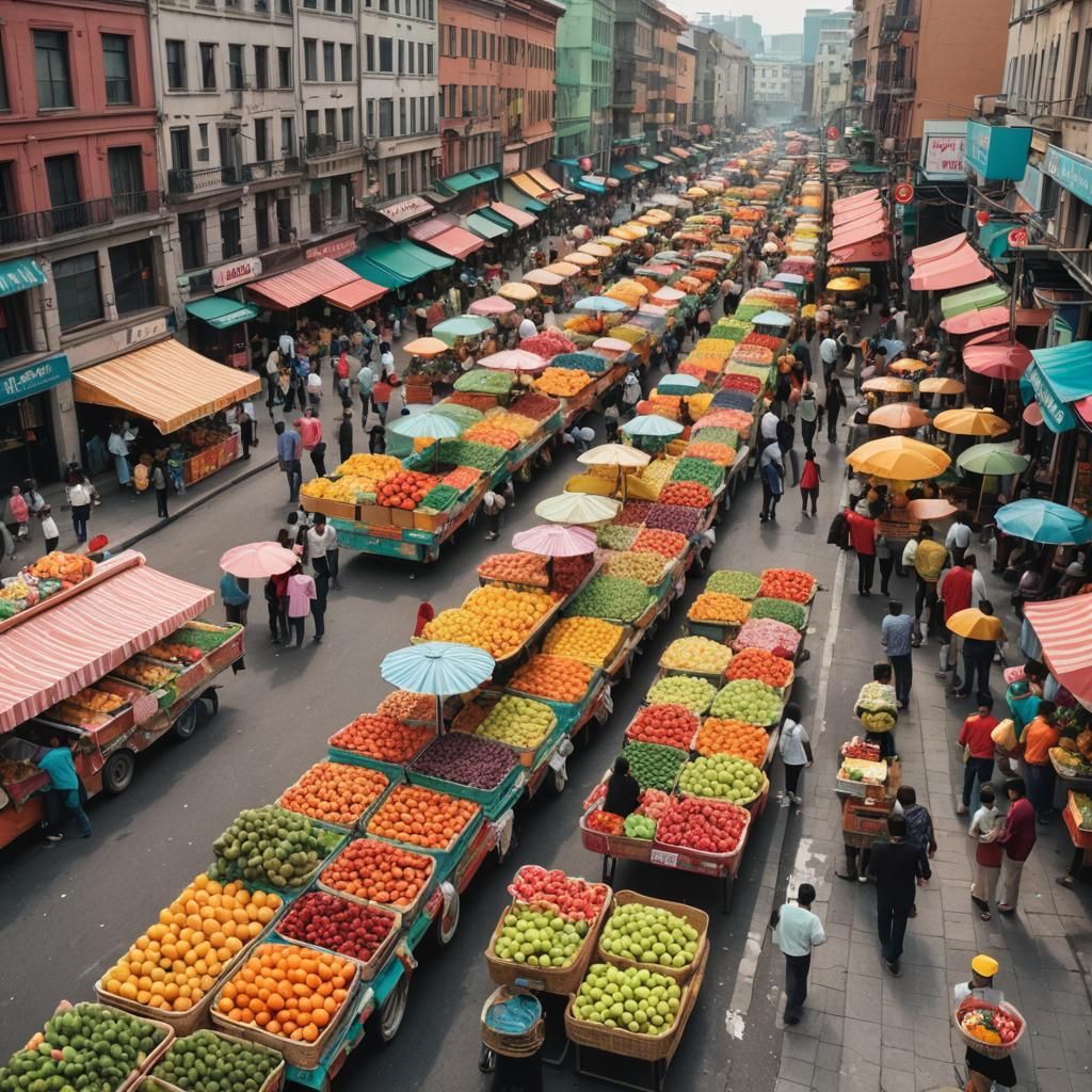 Candy-Colored Cityscape with Fruit Stands