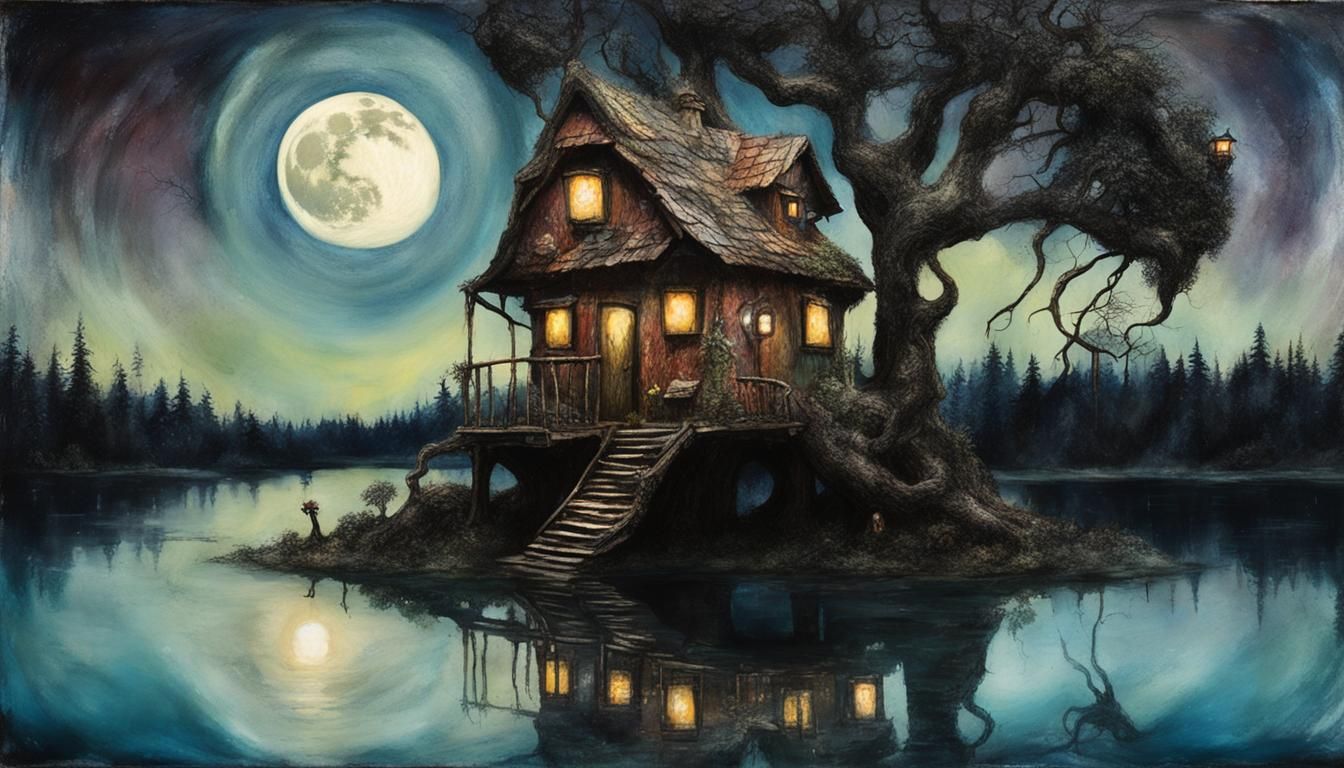 Magic Creature in Encaustic Treehouse Scene