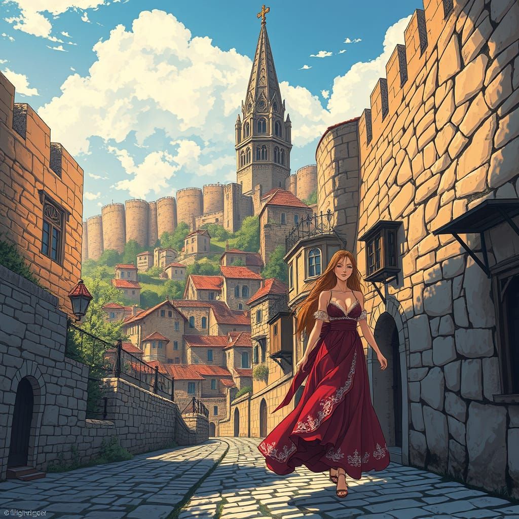 Ancient Townscape with Elegant Women and Majestic Spire