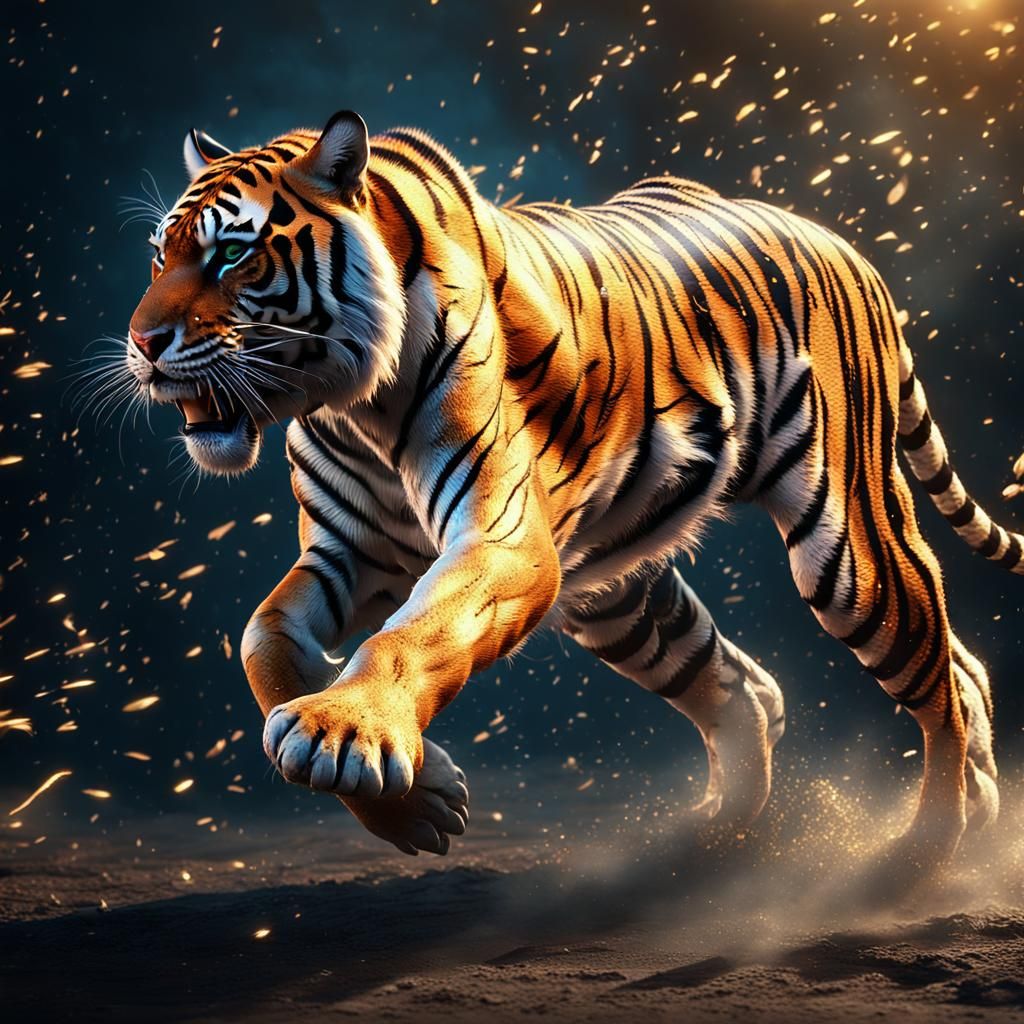 Epic Tiger Running with Bioluminescent Dust