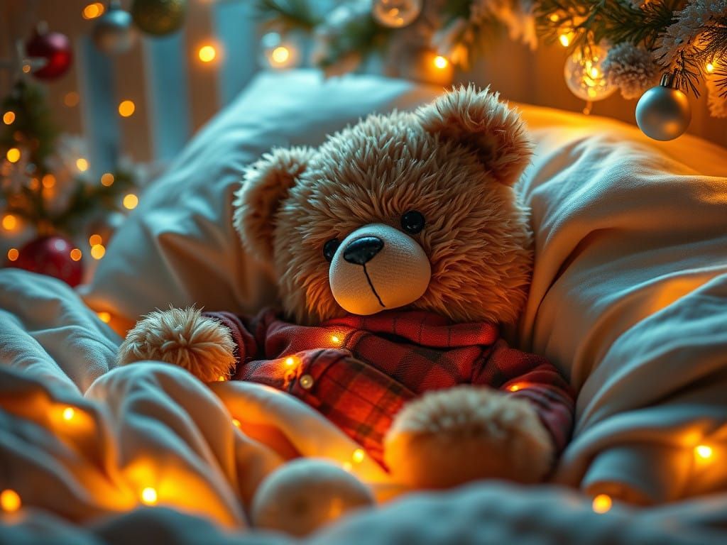 Whimsical Christmas Teddy in Cozy Pajamas Under Golden Glow