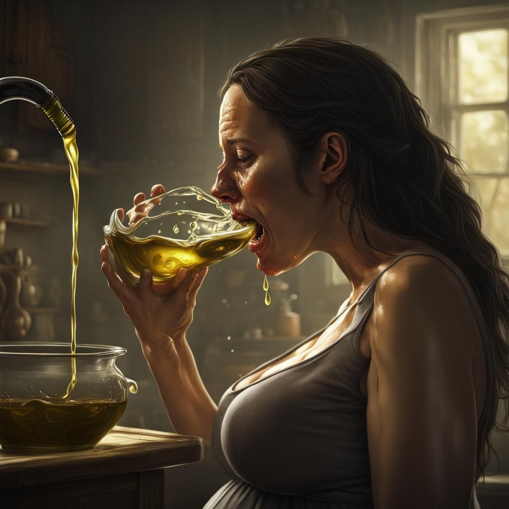 Pregnant Woman Oozing Olive Oil: Dark Fantasy Art