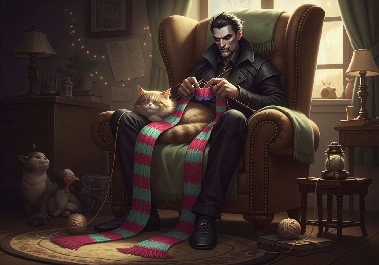 Gothic Man Knitting Scarf With Cat in Cozy Armchair