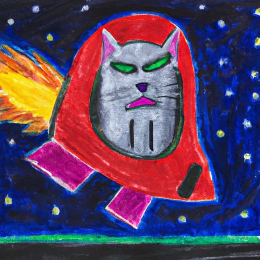 Annoyed Cat in Spaceship Oil Pastel Drawing