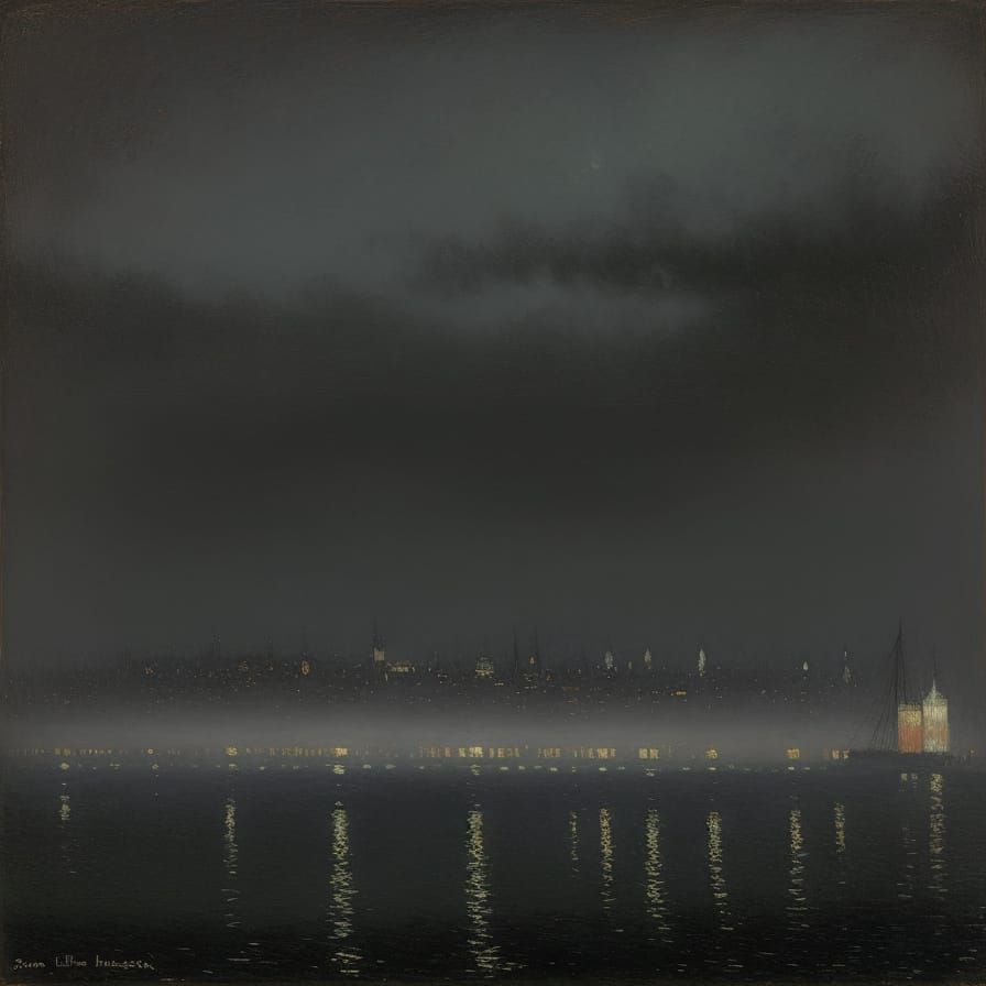 Foggy Cityscape Nocturne in Impressionist Style