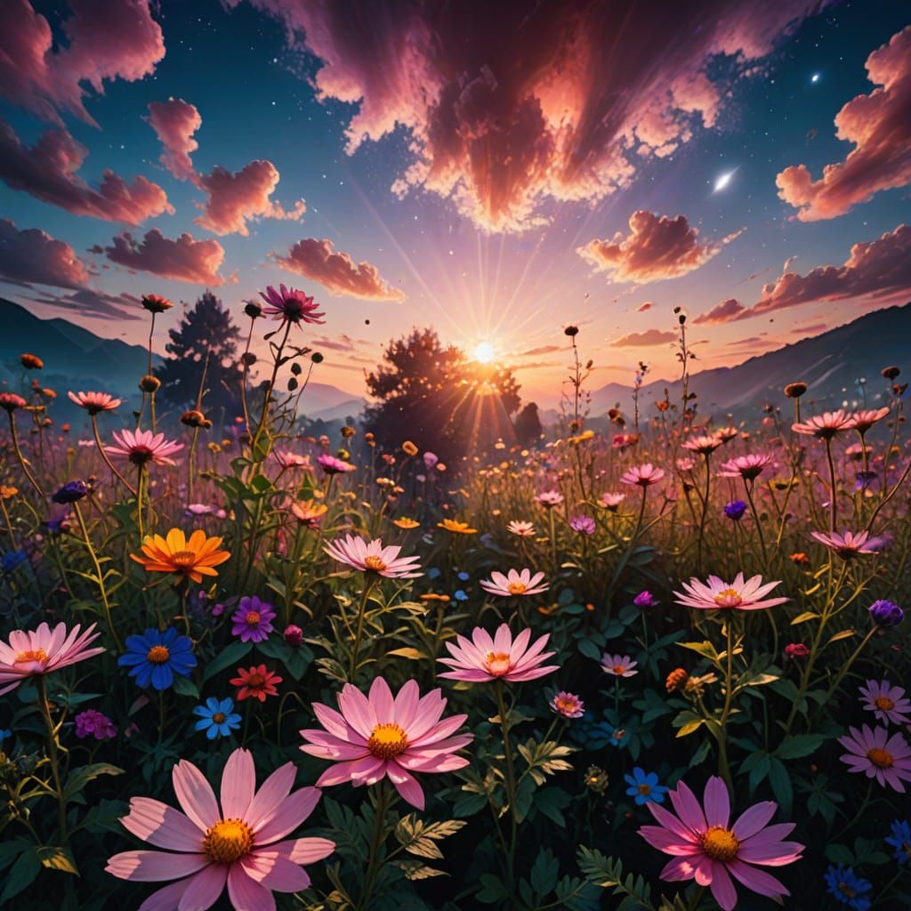 Ethereal Garden in Kaleidoscopic Cosmos