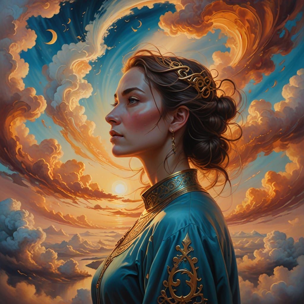 Surreal Woman in Dreamlike Oil Painting Landscape