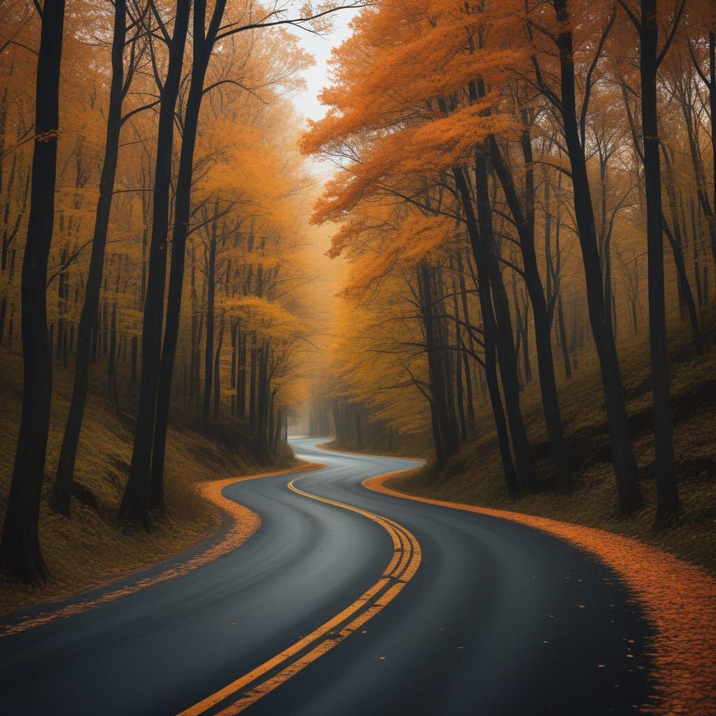 A winding road lined with trees during autumn 159