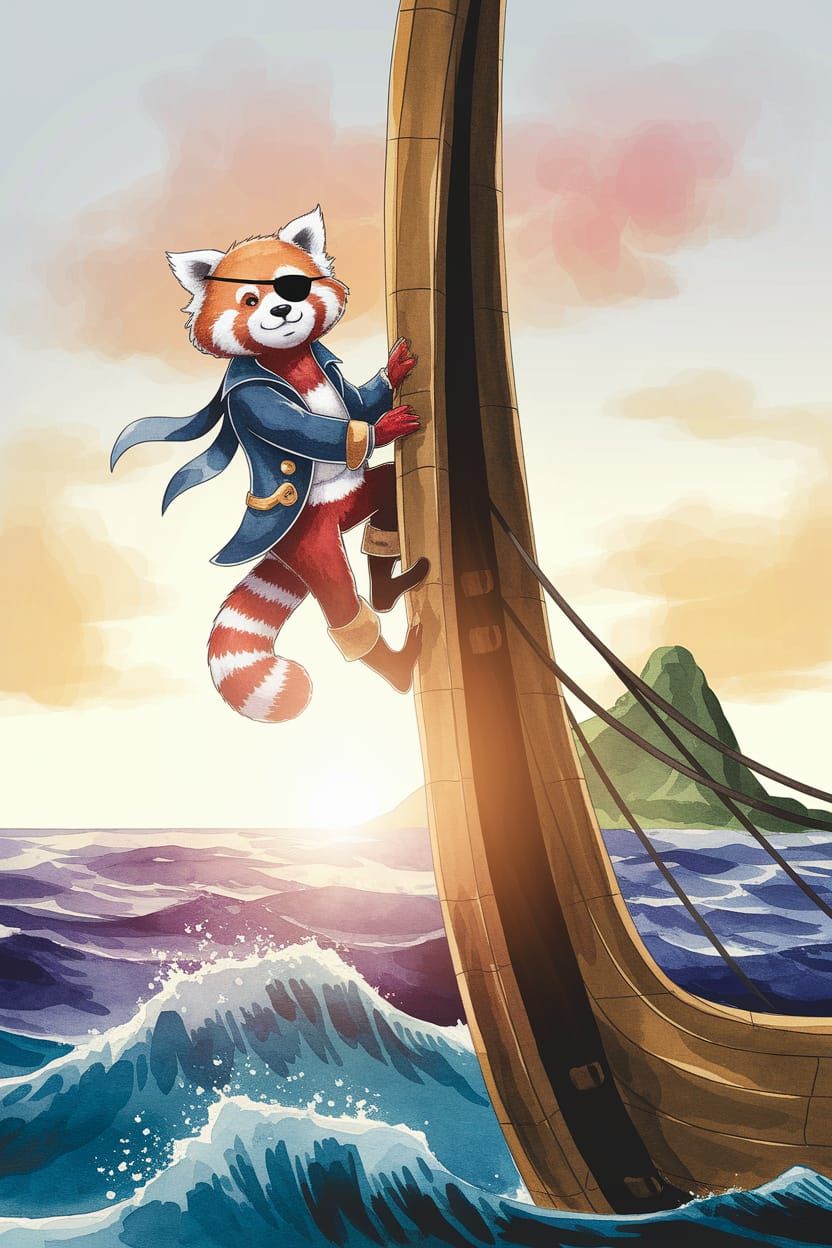 Red Panda Pirate Climbing Mast in Watercolor