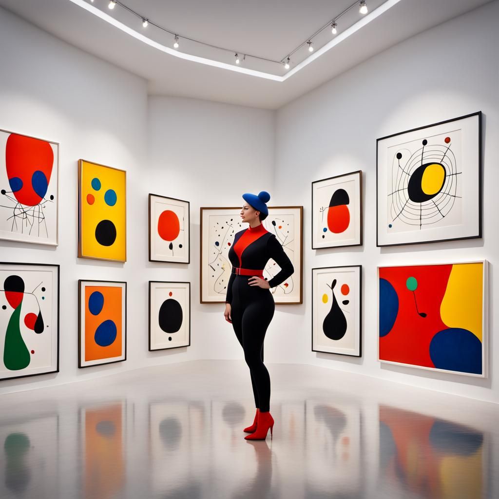 Surreal Woman Admiring Miró Artwork in Gallery
