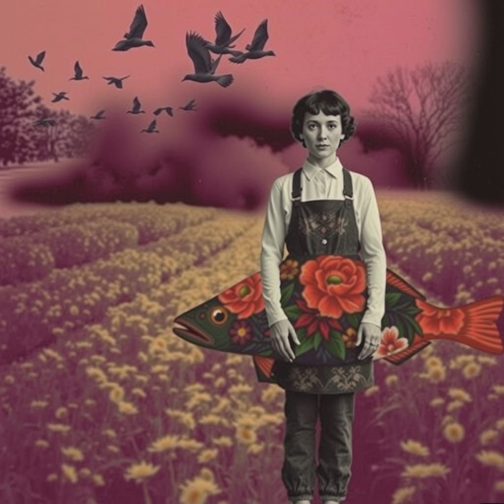 Woman with Floral Fish in Vintage Photo