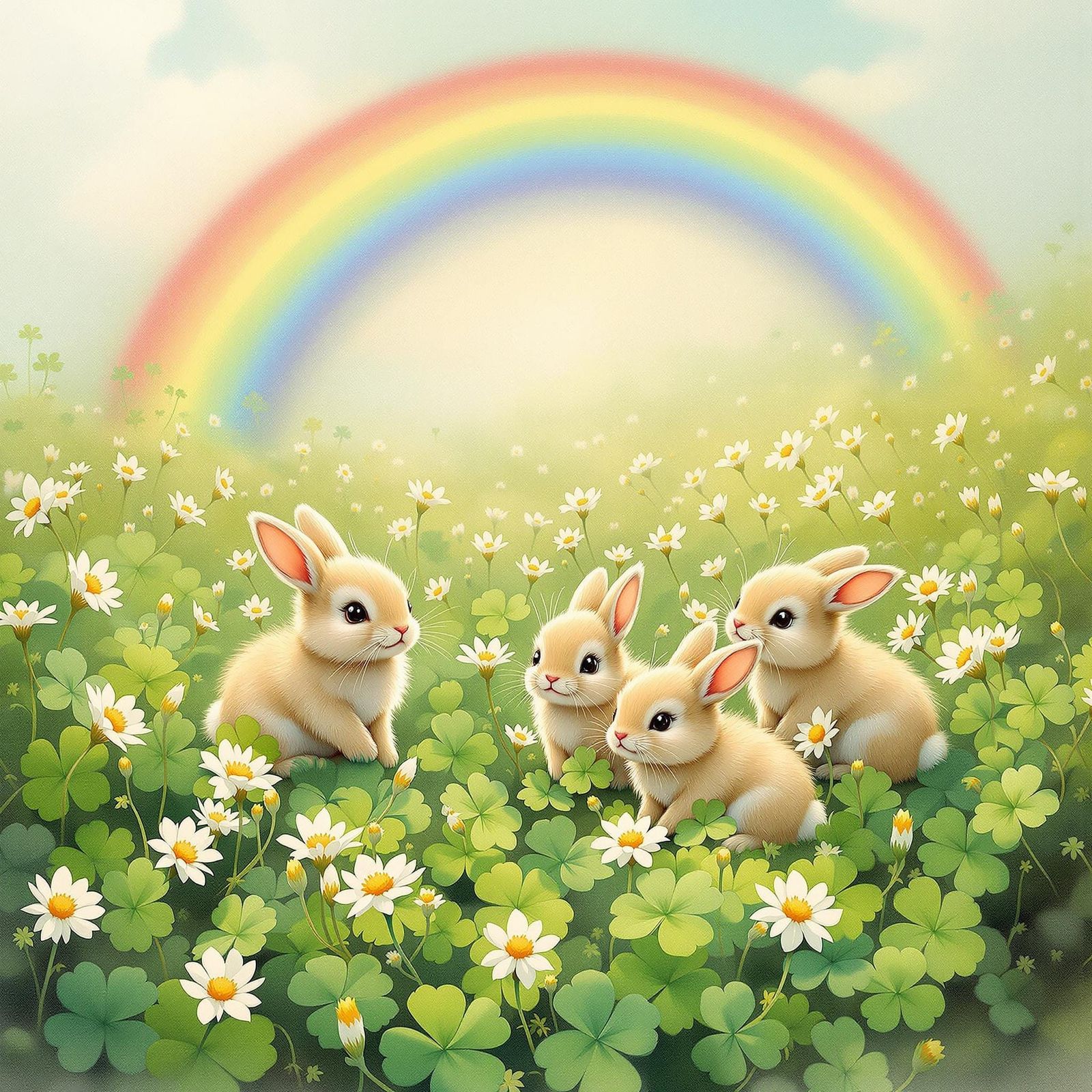 Whimsical Bunnies Play in Emerald Four-Leaf Clover Meadow