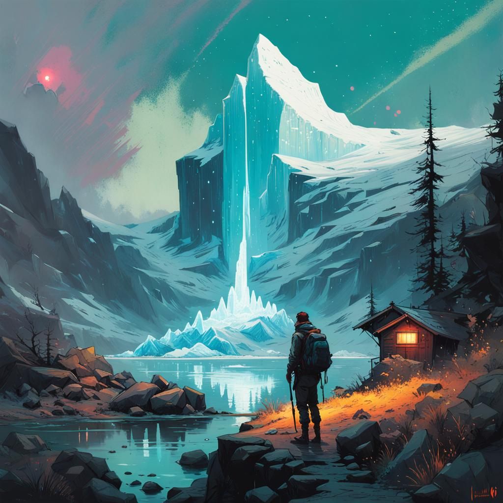 Iridescent Iceberg Illuminated by Imp, Ink Splatter Art