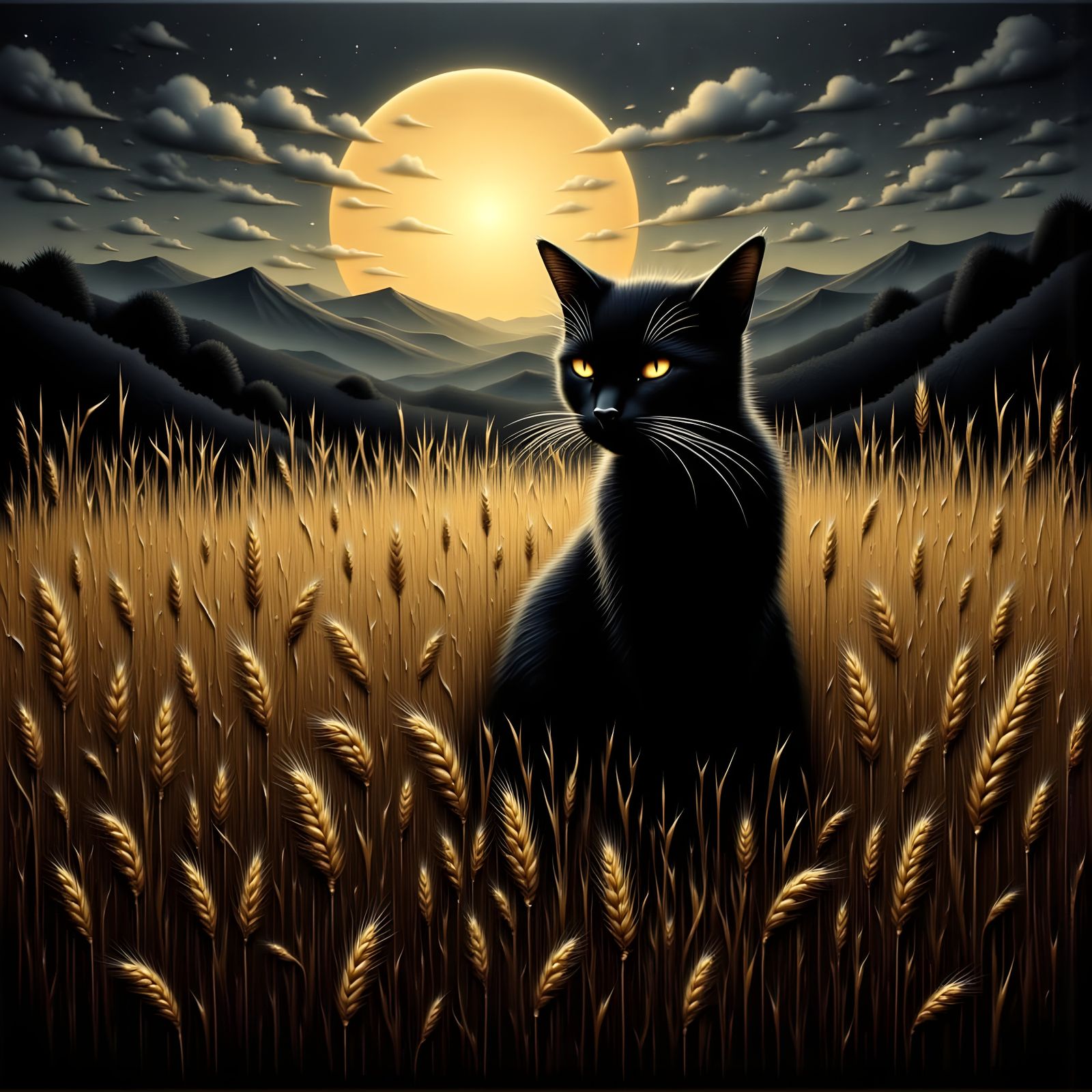 Black Cat in Wheat Field Under Harvest Moon at Twilight