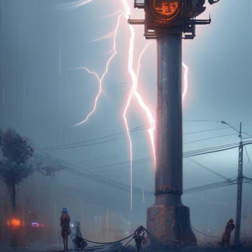 Electrified Sheep in Lightning Storm, Digital Art