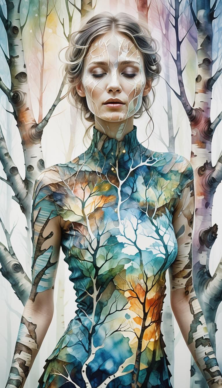 Surreal Pastel Portrait: Woman Transforms into Birch Tree