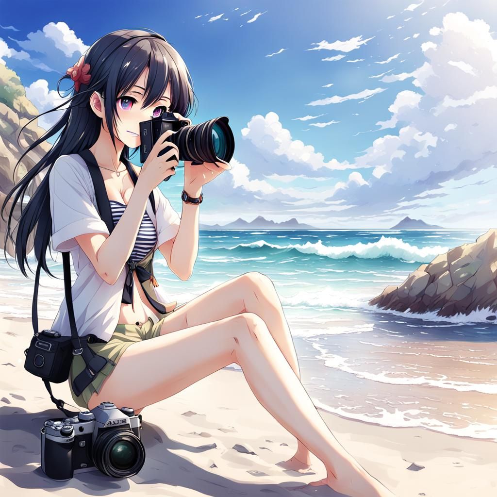 Girl Photographing Beach in Anime Art Style