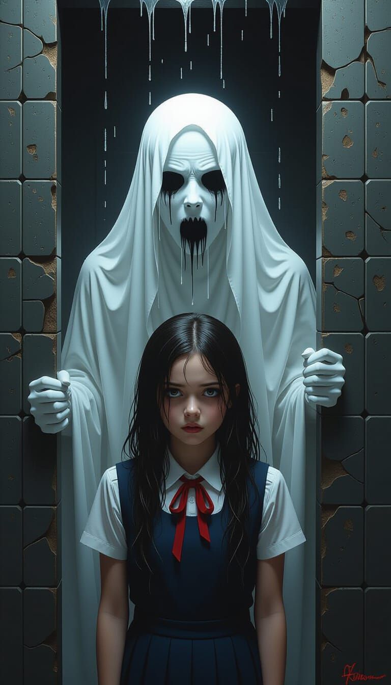 Ghostly Figure Behind Terrified Schoolgirl in Horror Bathroo...
