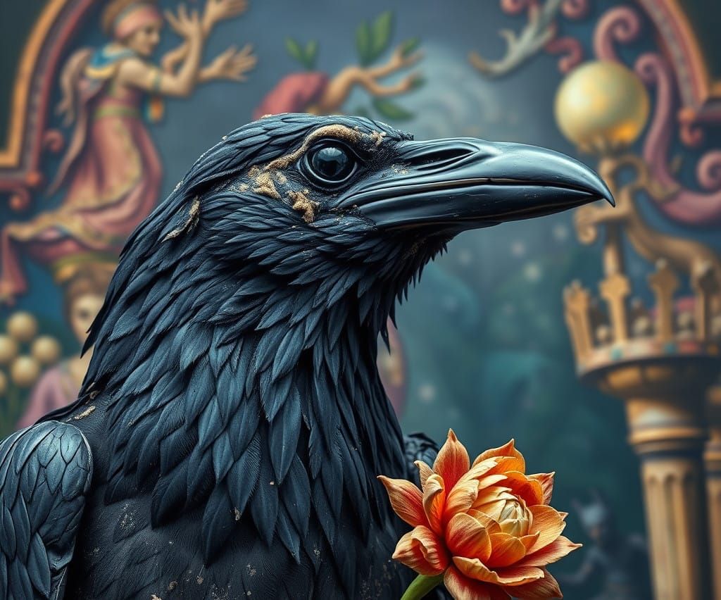 Gothic Raven in a Surreal Hieronymus Bosch-Inspired Scene