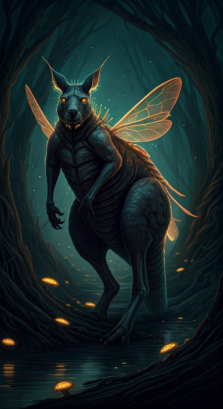 Kangaroo-Firefly Hybrid in Bioluminescent Swamp
