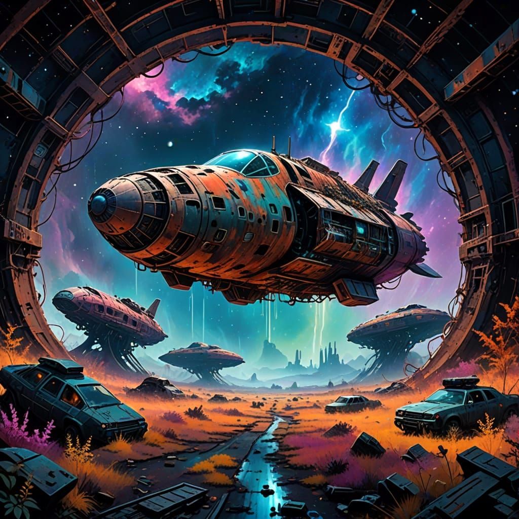 Abandoned Spaceship Graveyard Amidst Vibrant Nebulae