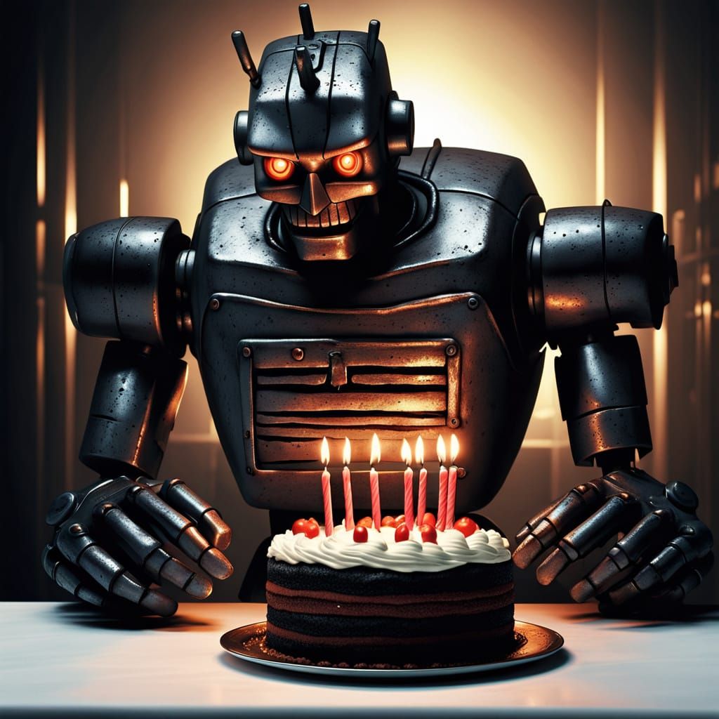 Evil Robot Contemplates Birthday Cake in Charcoal Drawing