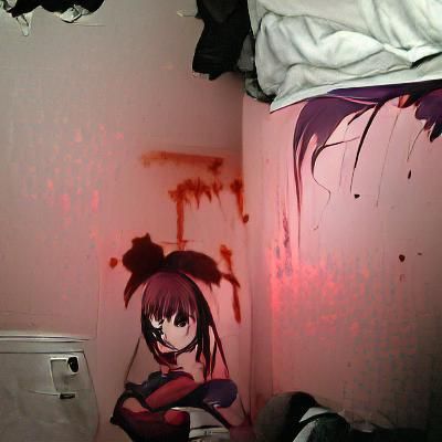 Anime Girl in Dark Room with Blood Splatter