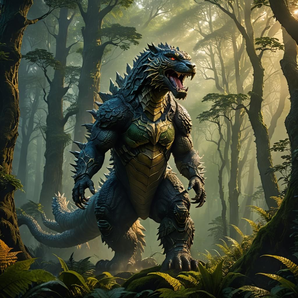 Godzilla-Tiger Hybrid in Misty Forest