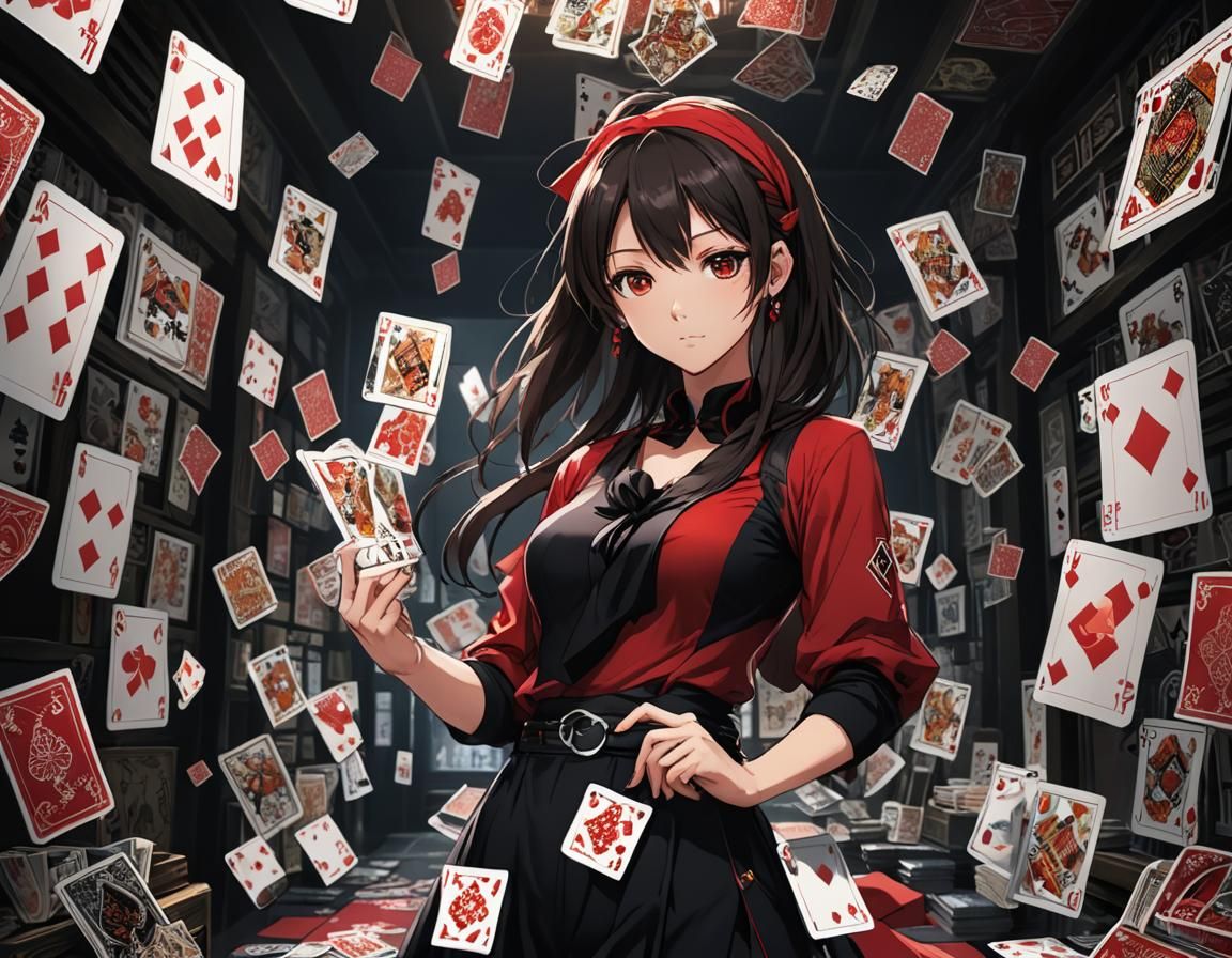 Anime Woman with Playing Cards in Manga Style