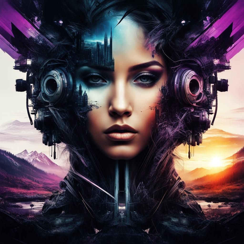 Sunrise Landscape Double Exposure in Hyperrealistic Style