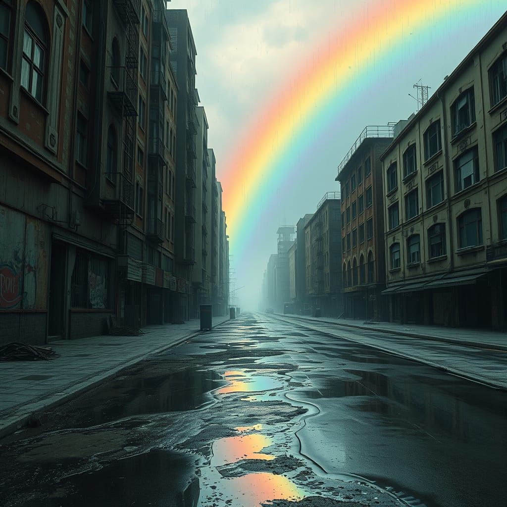 Dystopian Cityscape with Rainbow Reflection in Hyper-Realism