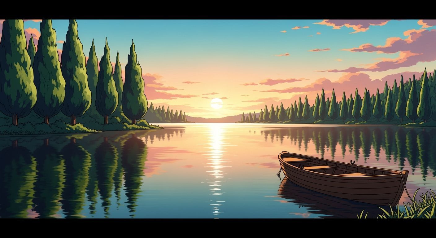 Anime Lake Scene with Rowboat at Sunset